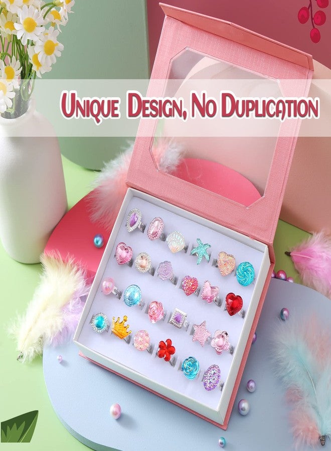 PASEMM 24pcs Little Girl Jewel Rings, Adjustable, No Duplication Kids Play Ring in Box,Pretend Play and Dress Up Rings for 4-12 Year Old Girl Birthday Christmas Gifts,3 4 5 6 7 8 9 10 11 12 Year Old - Image 2